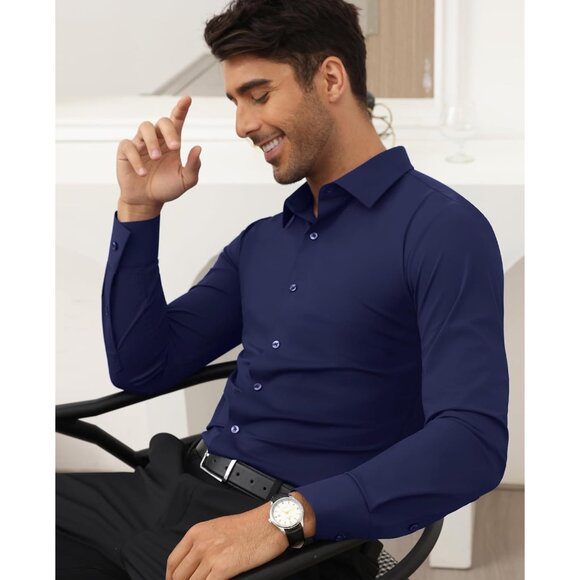 Men Navy Long Sleeve Slim Muscle Fit Wrinkle Free Button Down Dress Shirts - Picture 5 of 9